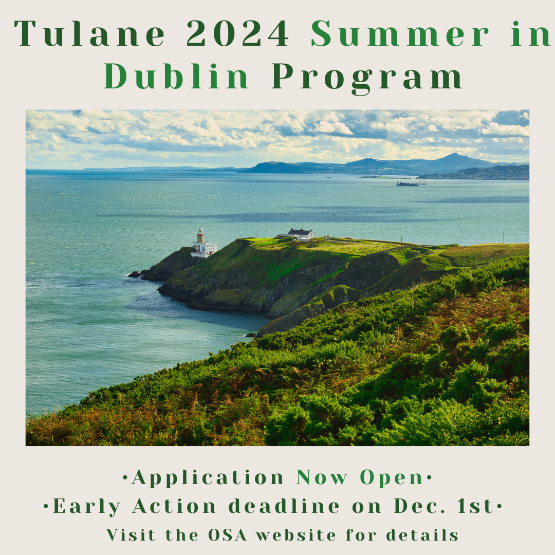 Tulane 2024 Summer in Dublin Program with a lighthouse on a green cliff overlooking the sea.