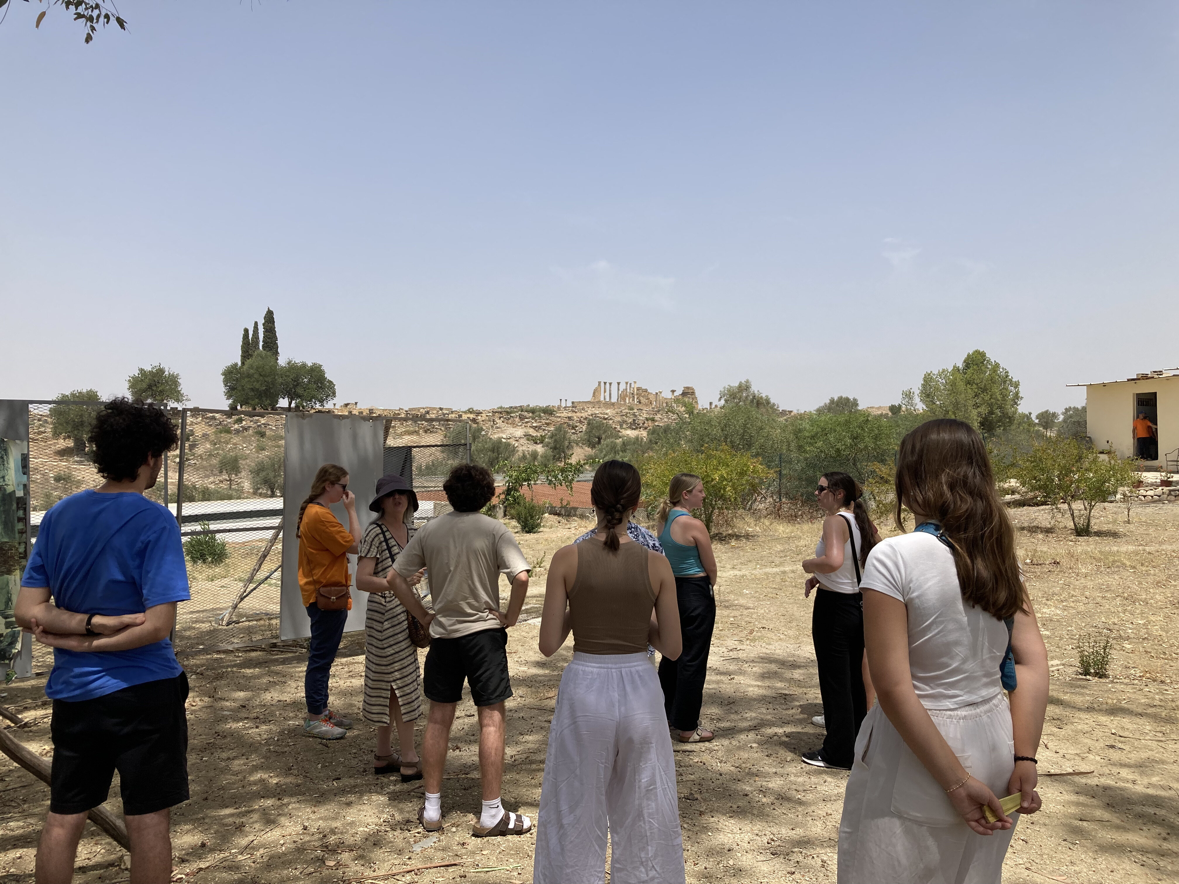 students at an onsite lecture near volubulis, roman site in morocco