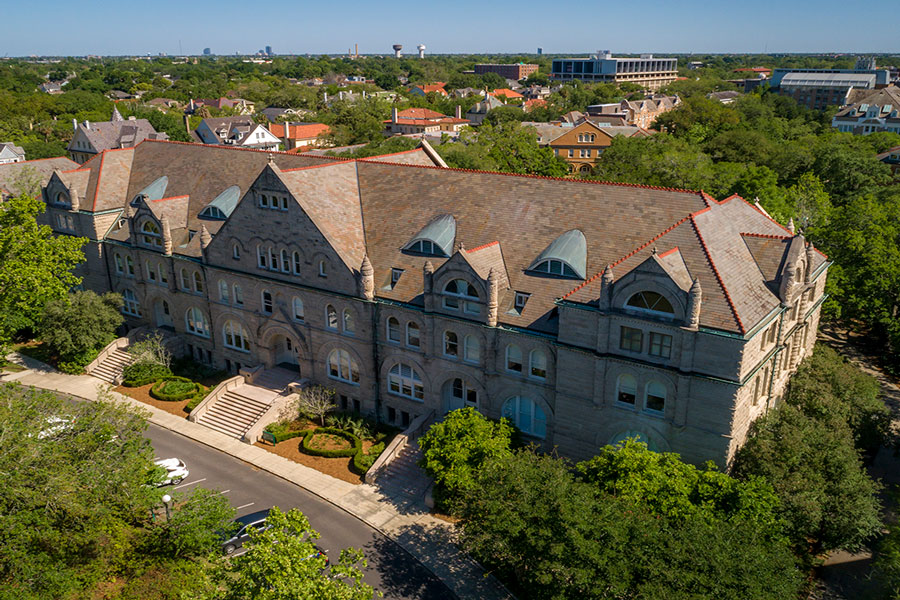 Aerial view of Gibson Hall from St. Charles Ave. 