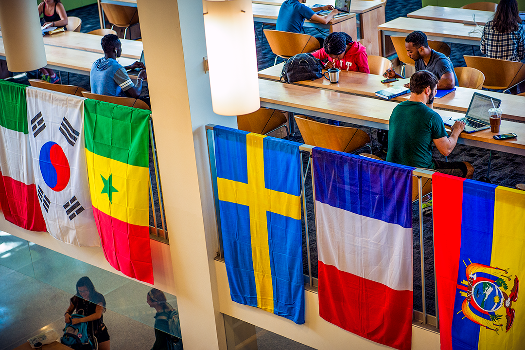 International Education Week 2019 flags hanging off the LBC Balcony.
